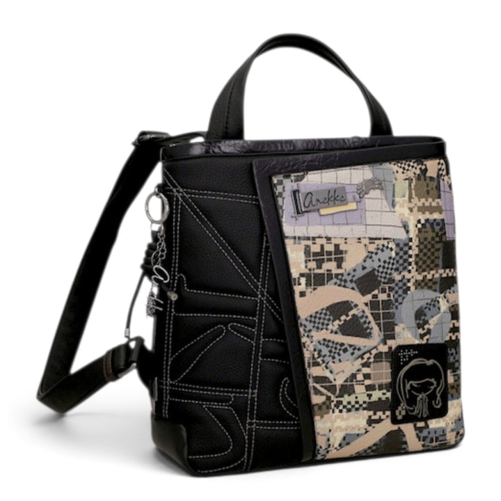 ada-shoes.ro Anekke black casual backpack with patterned panel, metallic details, and heart charm.