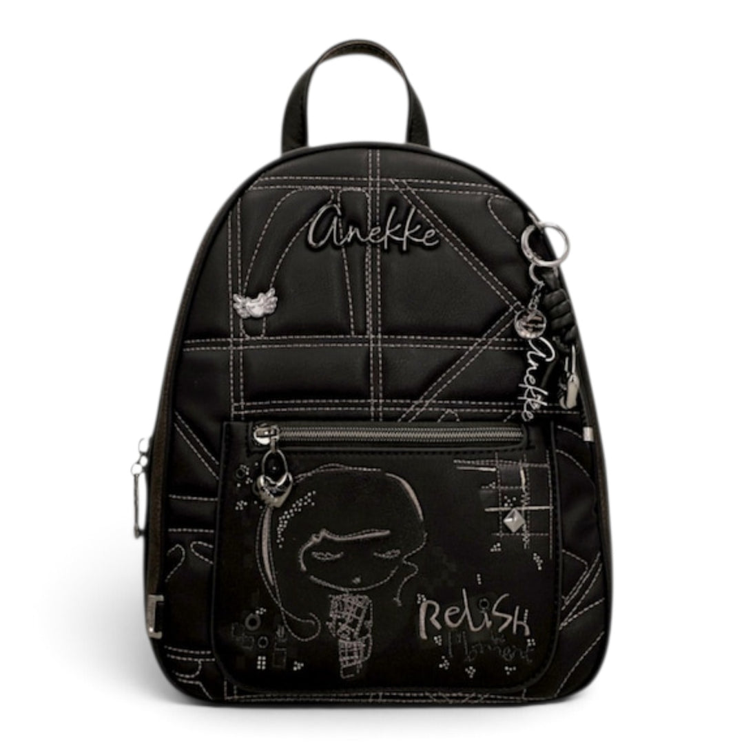 ada-shoes.ro Anekke black casual backpack with white graphic stitching, front zip pocket, and decorative metal charms.