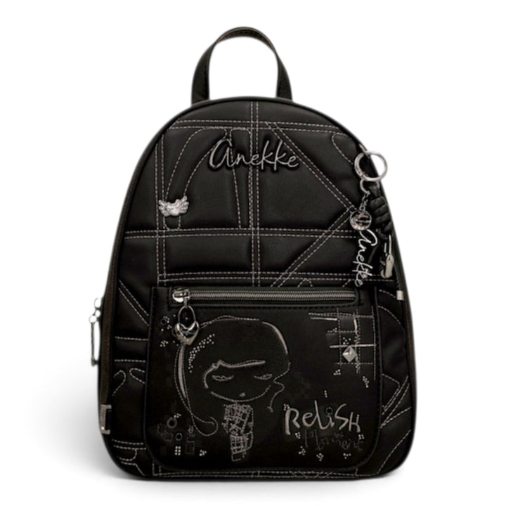 ada-shoes.ro Anekke black casual backpack with white graphic stitching, front zip pocket, and decorative metal charms.