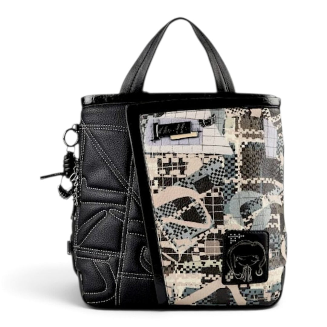 ada-shoes.ro Anekke black casual backpack with patterned panel, metallic details, and heart charm on white background