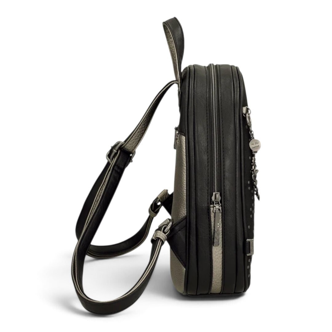ada-shoes.ro Anekke black casual backpack with metallic details, adjustable straps, and side view profile.