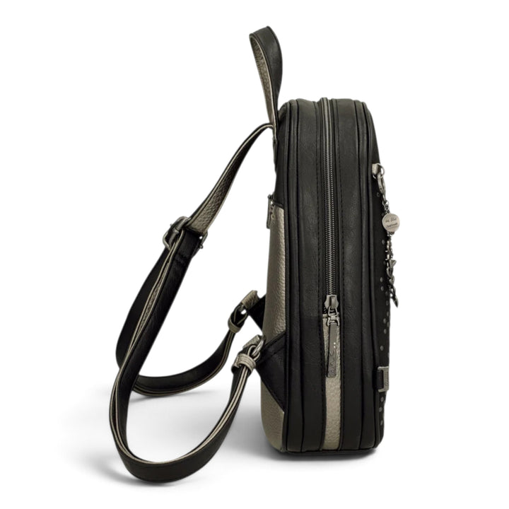 ada-shoes.ro Anekke black casual backpack with metallic details, adjustable straps, and side view profile.