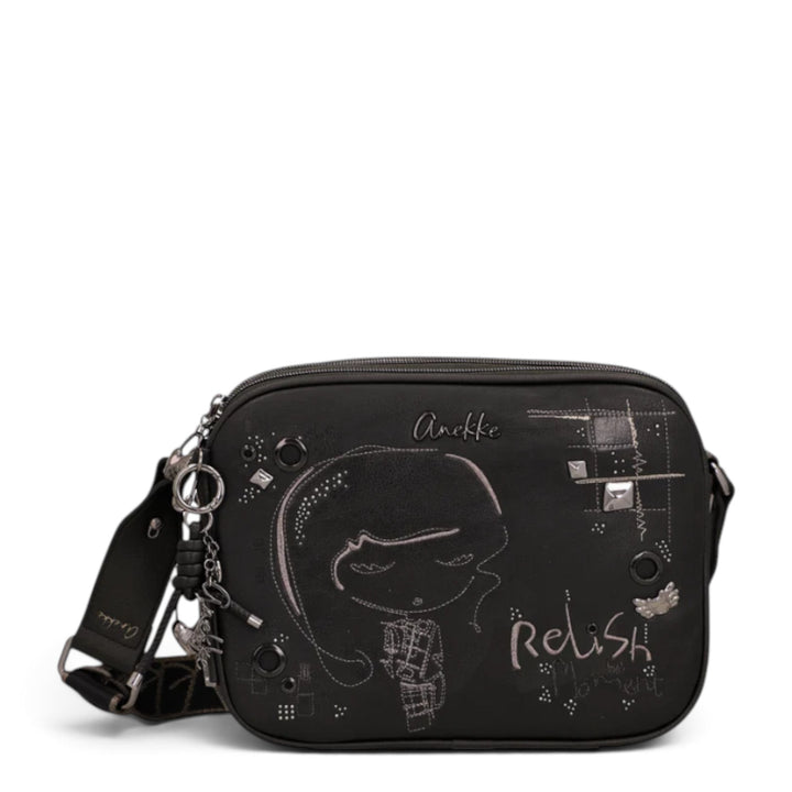 ada-shoes.ro Anekke crossbody bag in black synthetic material with decorative embroidery, metal studs, and zip closures.