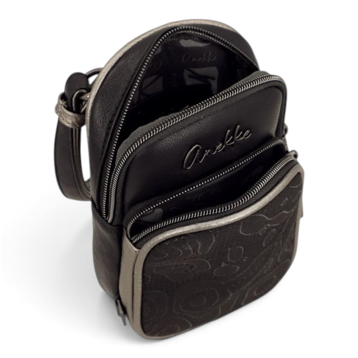 ada-shoes.ro Anekke black crossbody bag with multiple zippered compartments, adjustable strap, and textured front detail.