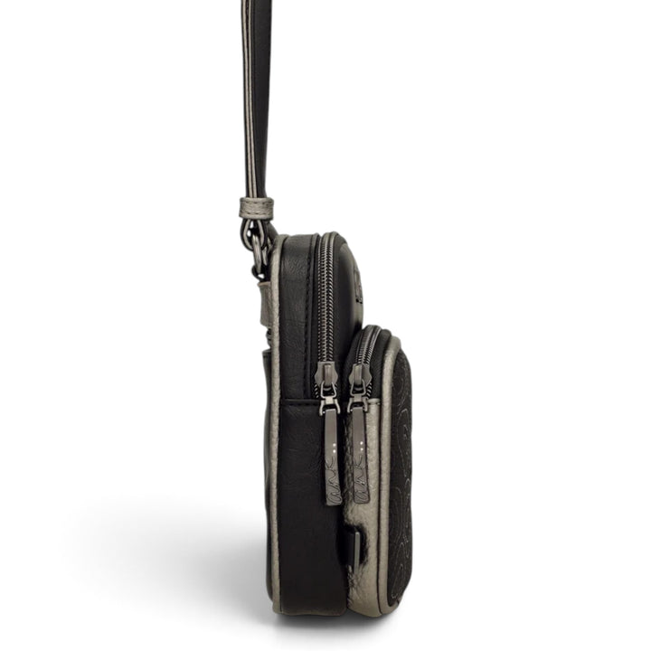 ada-shoes.ro Anekke black crossbody bag with adjustable strap, side view showing zippered compartments and details.