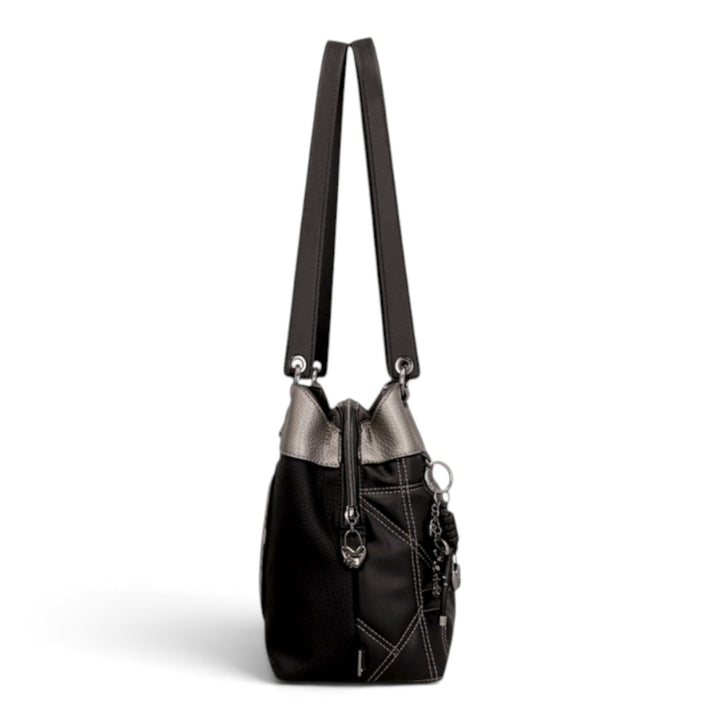 ada-shoes.ro Anekke handbag in black and metallic tones with three zippered compartments and adjustable shoulder strap