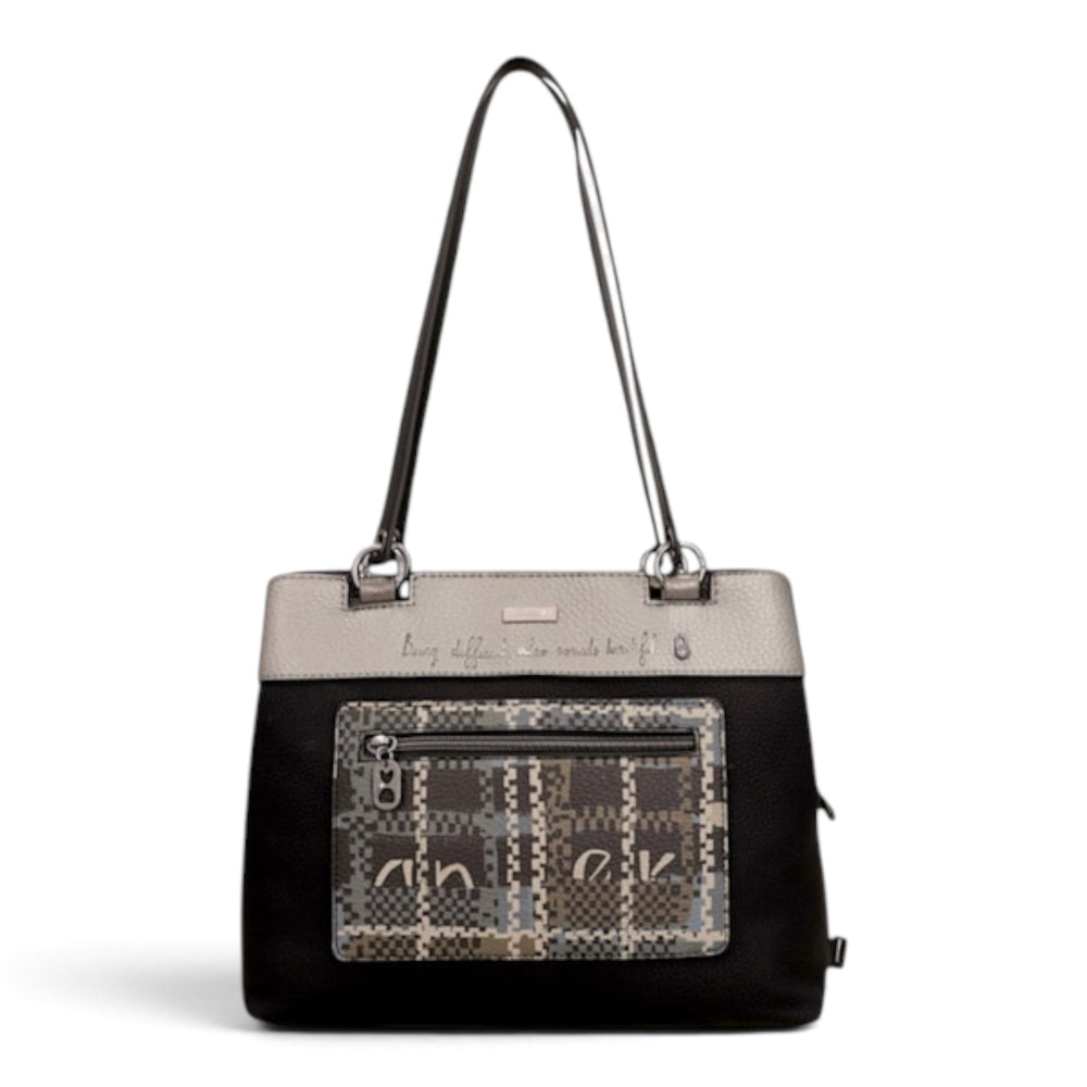 ada-shoes.ro Anekke medium handbag in black and metallic tones with three zippered compartments and patterned pocket