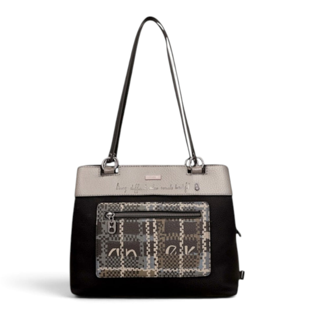 ada-shoes.ro Anekke medium handbag in black and metallic tones with three zippered compartments and patterned pocket