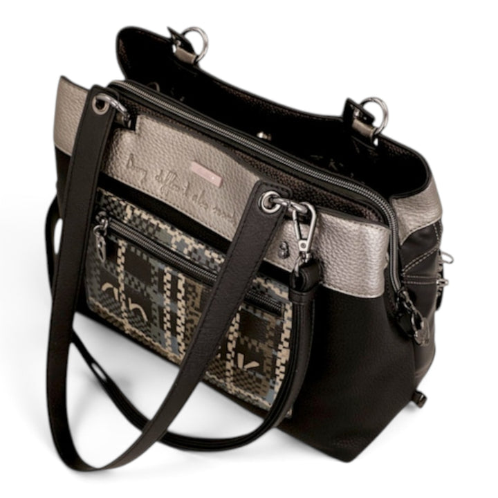 ada-shoes.ro Anekke medium handbag in black and metallic tones with three zippered compartments and shoulder strap