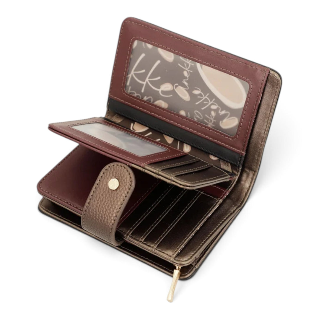 ada-shoes.ro Anekke Blossom medium wallet in brown faux leather with RFID protection, card slots, and zippered coin pocket