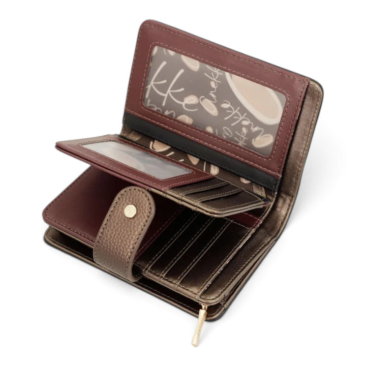 ada-shoes.ro Anekke Blossom medium wallet in brown faux leather with RFID protection, card slots, and zippered coin pocket