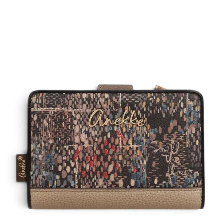 ada-shoes.ro Anekke Blossom medium wallet with a patterned floral design, gold logo, and brown leather-look trim.