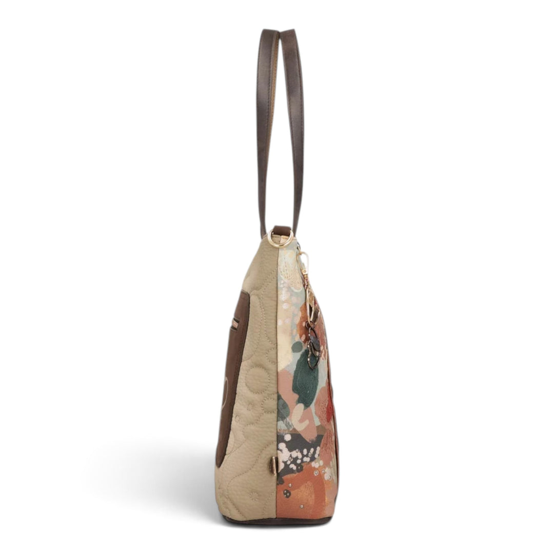 ada-shoes.ro Anekke Blossom shoulder bag with floral print, brown accents, and side view showing long carry handles