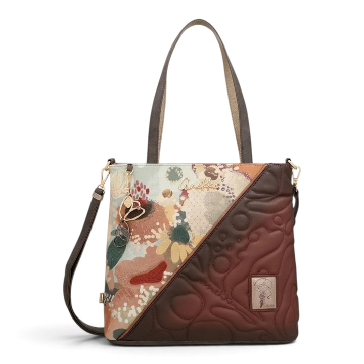 ada-shoes.ro Anekke Blossom shoulder bag with floral print, brown quilted panel, and detachable crossbody strap.