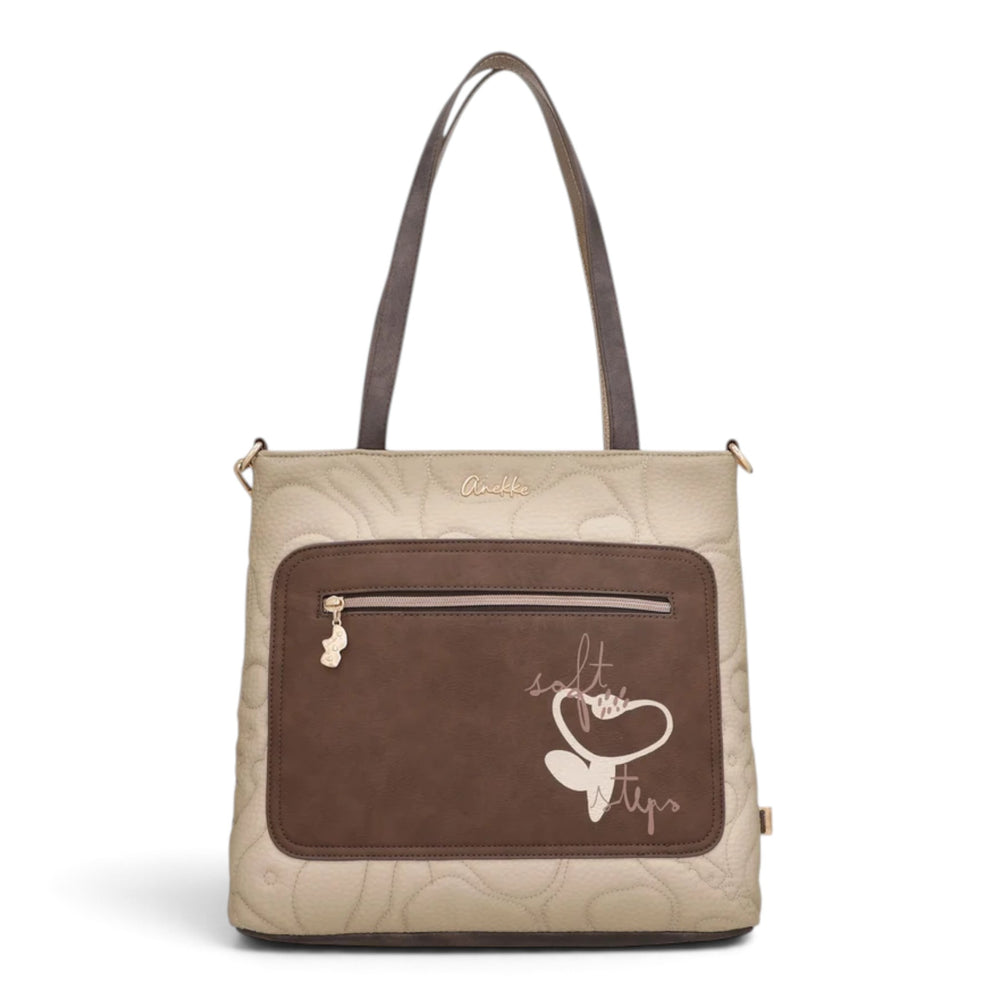 ada-shoes.ro Anekke Blossom shoulder bag in beige and brown polyester with floral quilting and front zip pocket