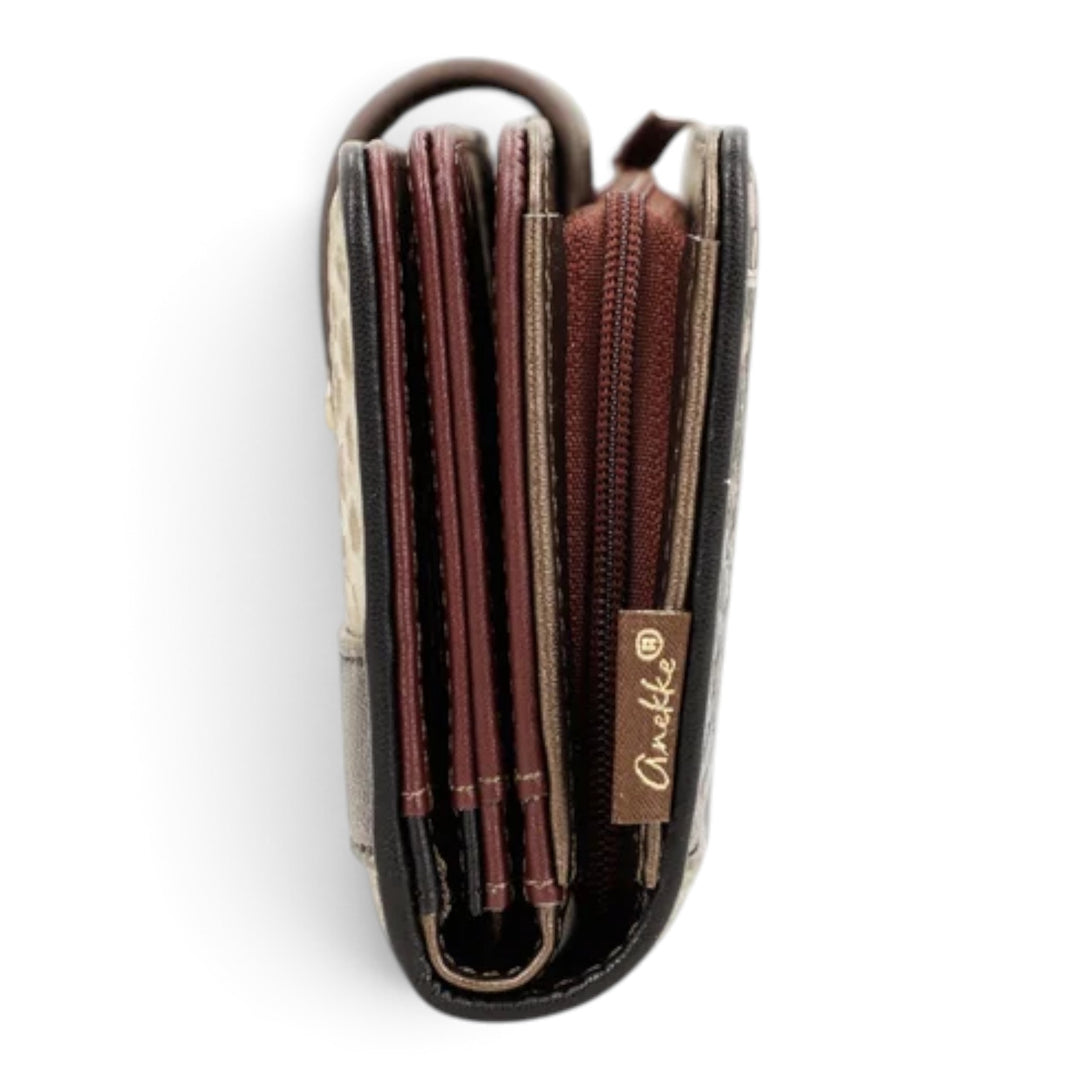 ada-shoes.ro Anekke Blossom medium wallet side view showing multiple compartments, zipper, and branded fabric tag