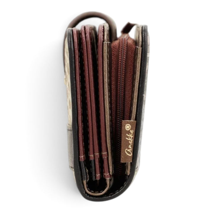 ada-shoes.ro Anekke Blossom medium wallet side view showing multiple compartments, zipper, and branded fabric tag