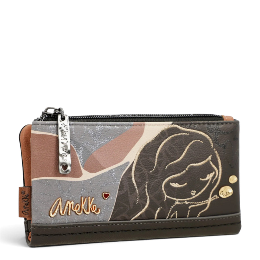 ada-shoes.ro Anekke brown faux leather wallet with artistic girl illustration and metallic logo zipper pull