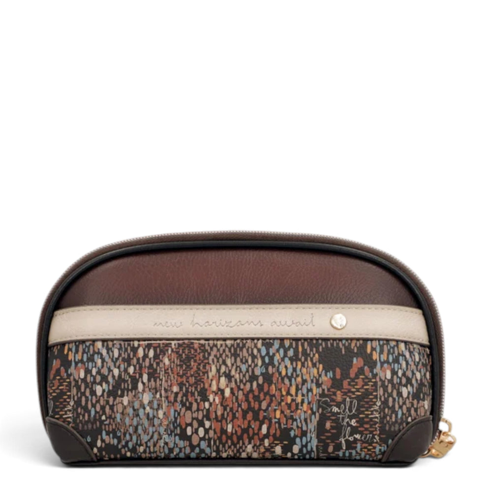 ada-shoes.ro Anekke casual wallet in brown with a multi-colored abstract print, zipper closure, and text details.