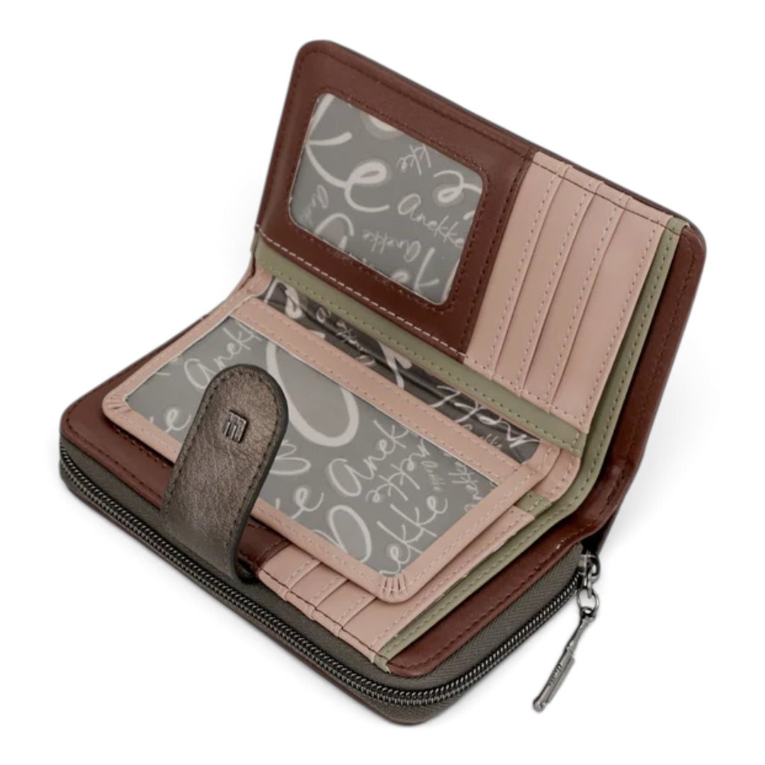 ada-shoes.ro Anekke medium wallet in brown, beige, and green faux leather with card slots and zip coin compartment