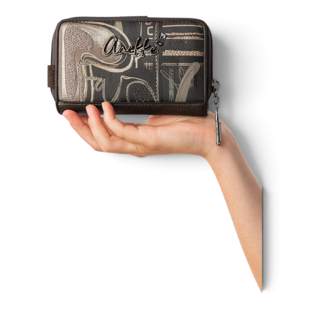 ada-shoes.ro Anekke medium wallet in brown, beige, and green with decorative embroidery and a metal logo plaque.