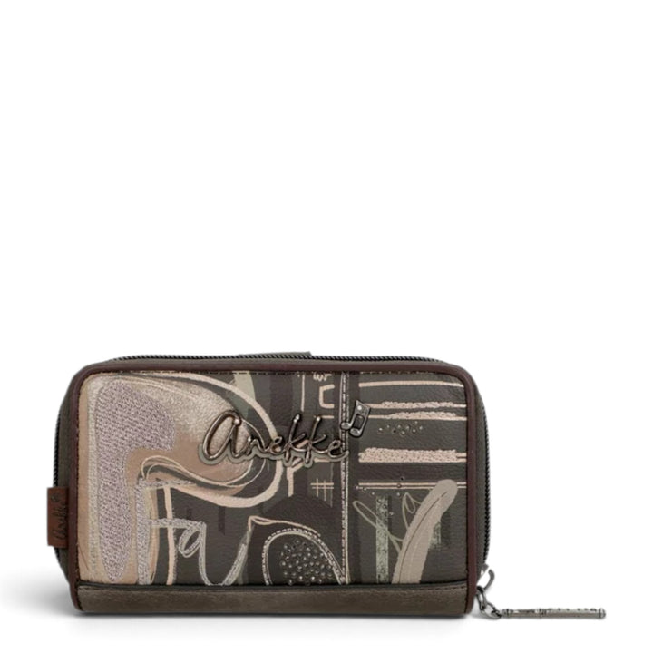 ada-shoes.ro Anekke medium wallet in brown, beige, and green with decorative patterns, zip closure, and logo detail.