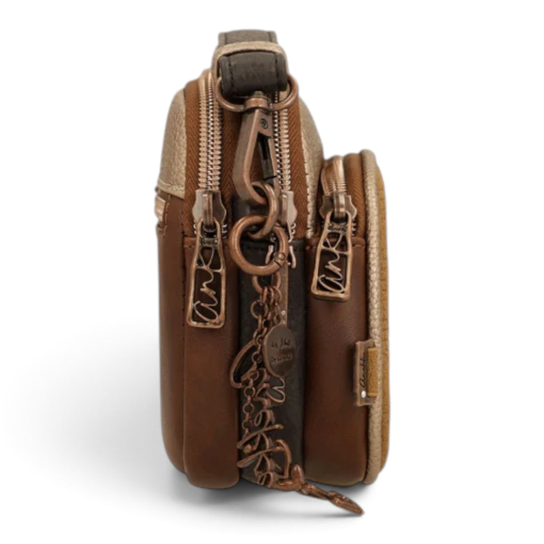 ada-shoes.ro Anekke camel crossbody bag with three zippered compartments, metallic hardware, and decorative charms.