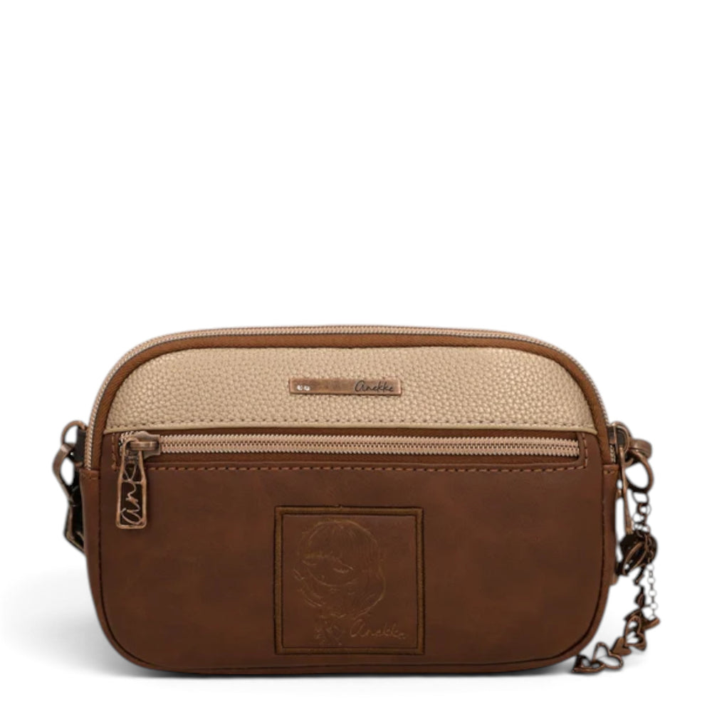 ada-shoes.ro Anekke camel crossbody bag with three zippered compartments, textured panels, and decorative logo detail.