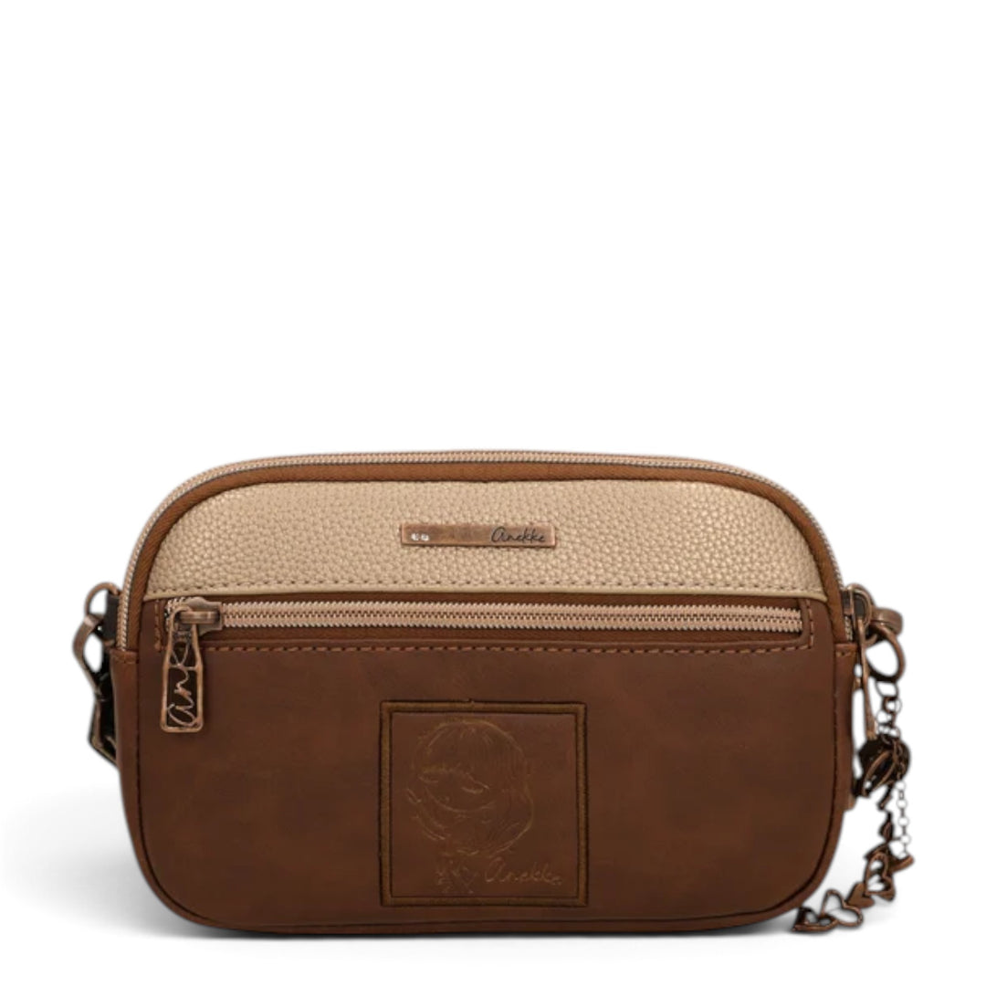 ada-shoes.ro Anekke camel crossbody bag with three zippered compartments, textured panels, and decorative logo detail.