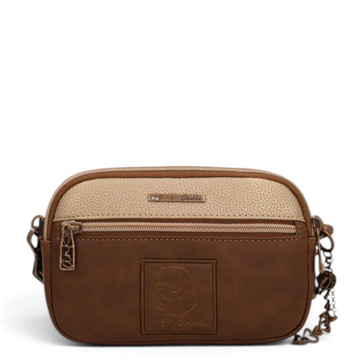 ada-shoes.ro Anekke camel crossbody bag with three zippered compartments, textured panels, and decorative logo detail.
