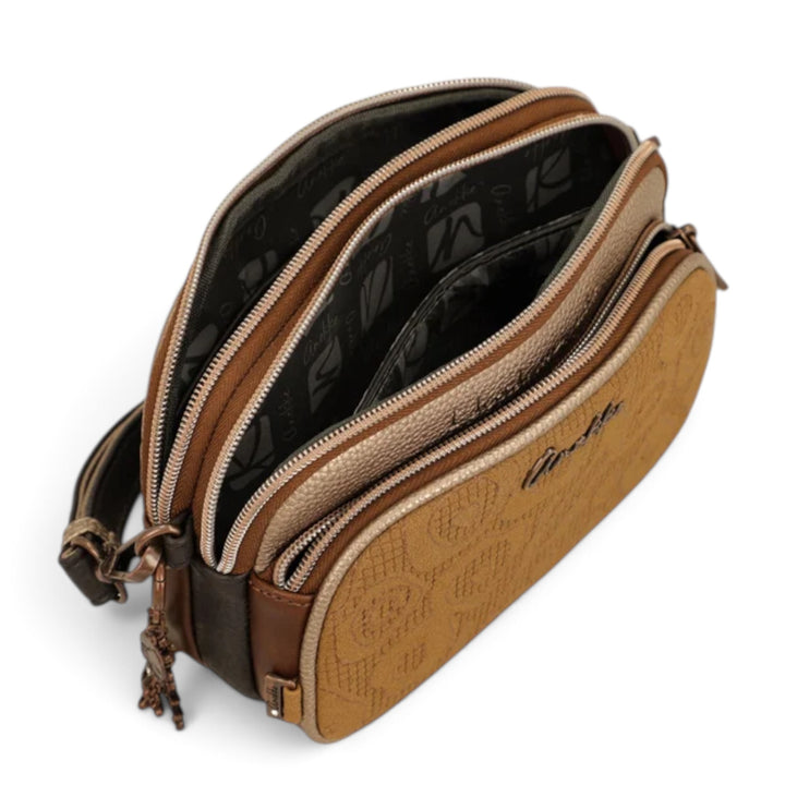ada-shoes.ro Anekke camel crossbody bag with three zippered compartments and patterned exterior detail