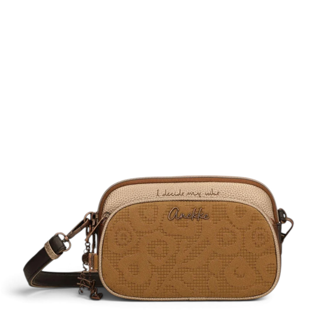 ada-shoes.ro Anekke camel crossbody bag with three zippered compartments, textured front, and adjustable strap.