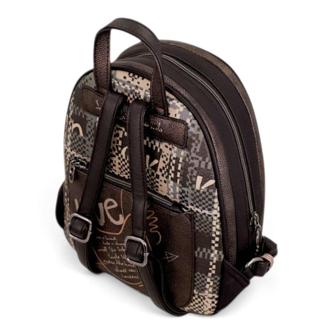 ada-shoes.ro Anekke casual backpack in black and brown with graphic patterns, zip closure, and adjustable straps.