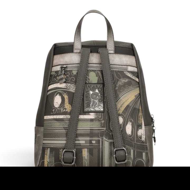 ada-shoes.ro Anekke casual backpack in grey and taupe with artistic music-themed print and adjustable straps