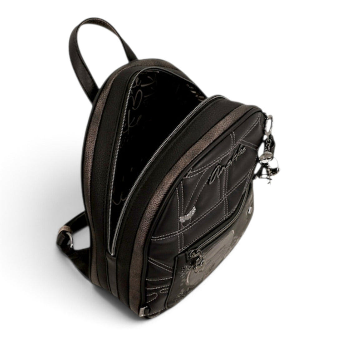 ada-shoes.ro Anekke casual backpack in black and brown with decorative stitching, front zip pocket, and top handle.
