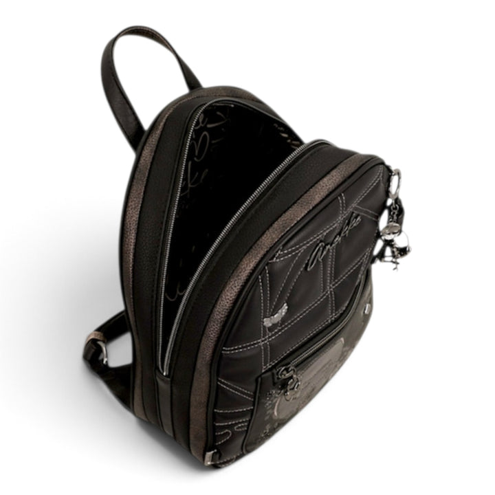 ada-shoes.ro Anekke casual backpack in black and brown with decorative stitching, front zip pocket, and top handle.