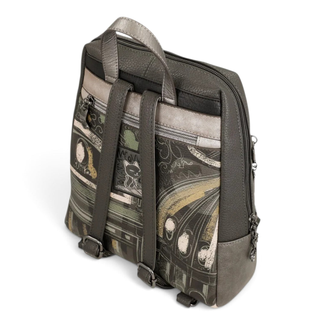 ada-shoes.ro Anekke casual backpack in grey and taupe with artistic music-themed print and adjustable shoulder straps.