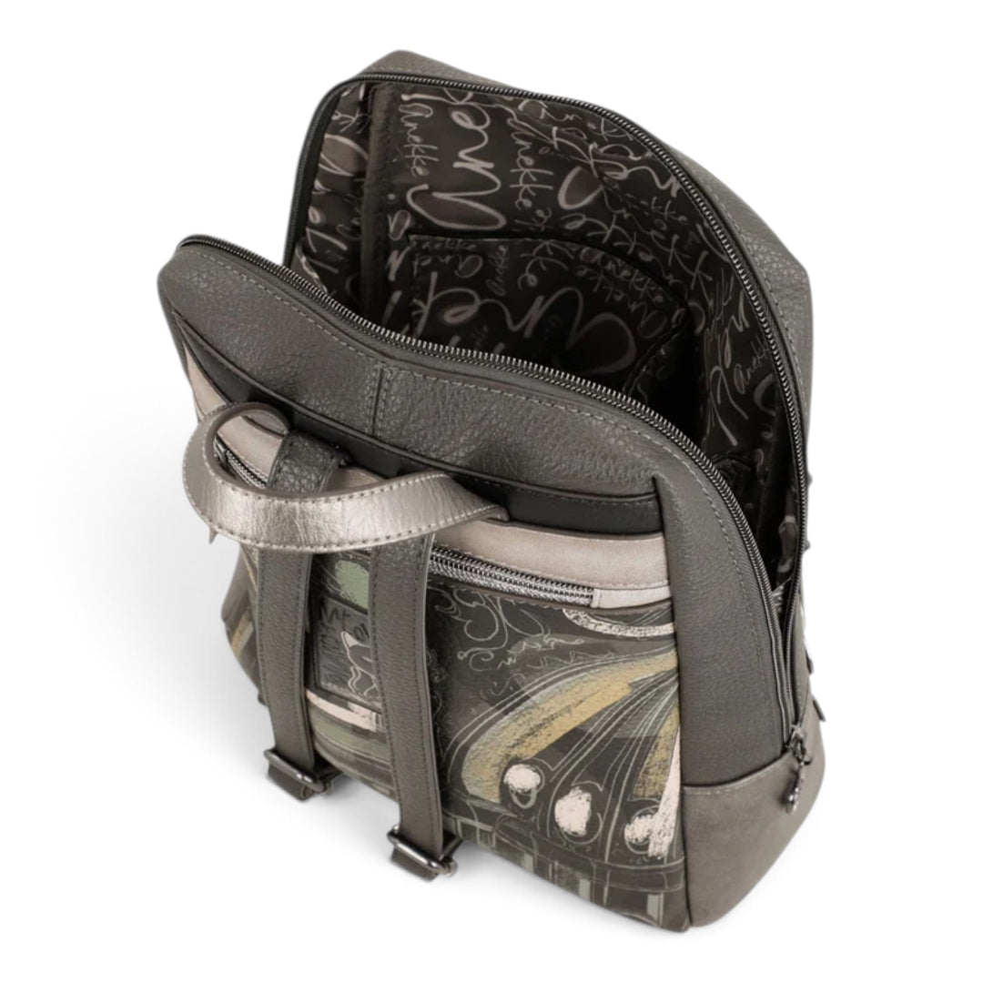 ada-shoes.ro Anekke casual backpack in grey and taupe with artistic print, featuring zip closure and interior lining.