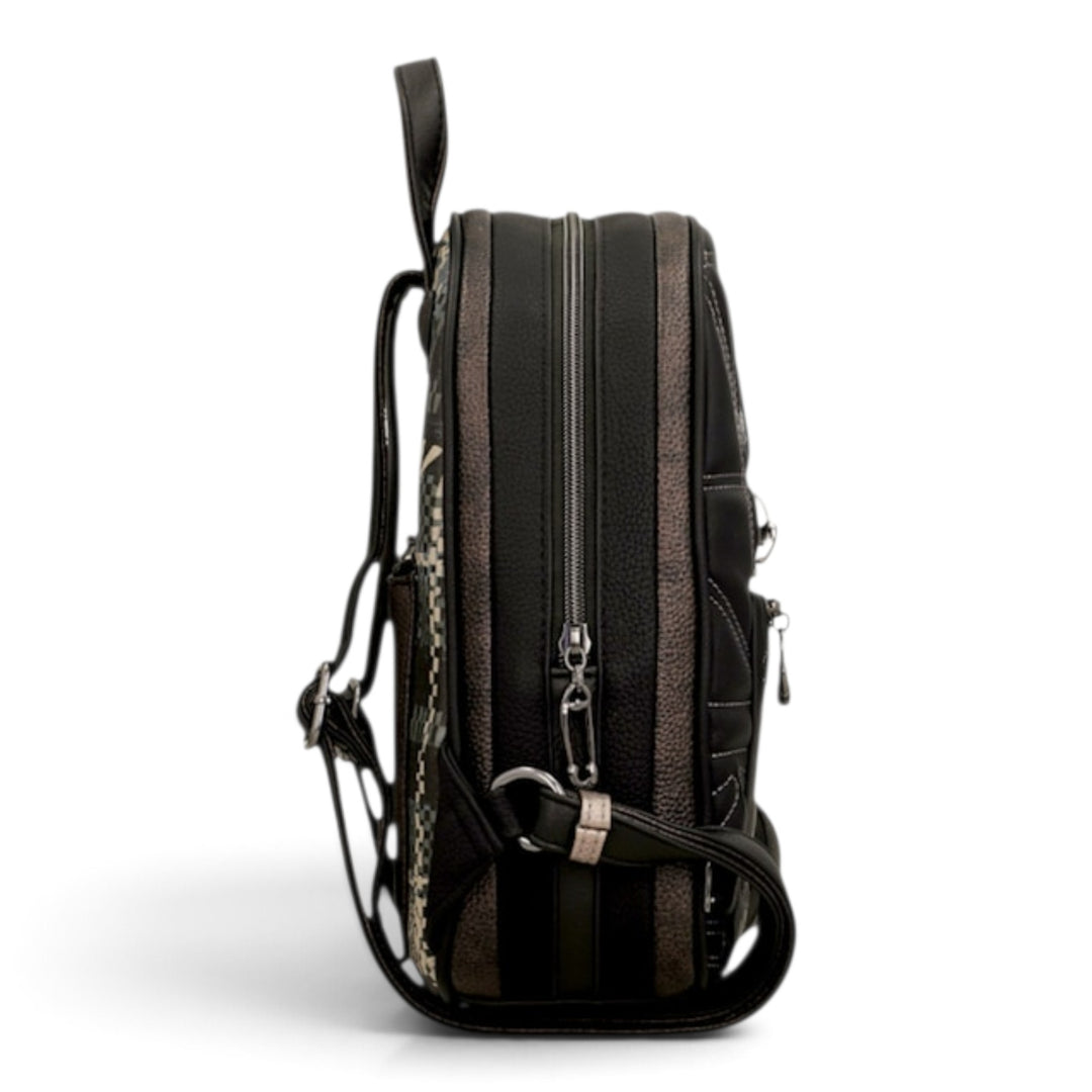 Side view of an Anekke casual backpack in black and brown with decorative stitching and adjustable straps