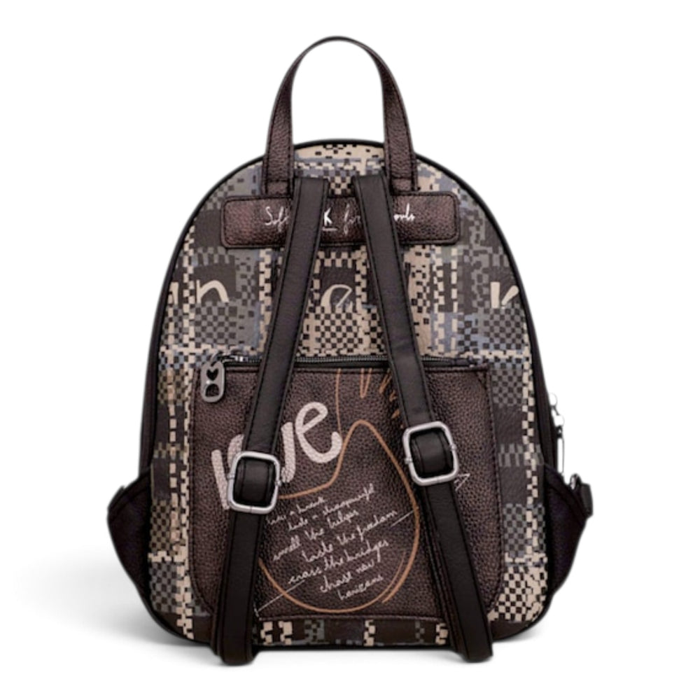 ada-shoes.ro Anekke casual backpack in black and brown with graphic patterns, adjustable straps, and rear zip pocket.