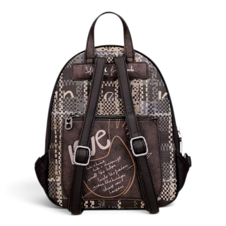 ada-shoes.ro Anekke casual backpack in black and brown with graphic patterns, adjustable straps, and rear zip pocket.