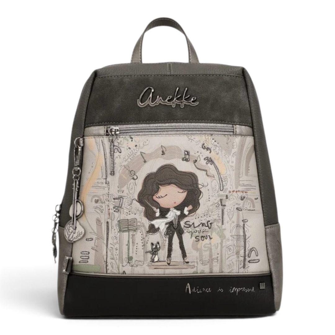 ada-shoes.ro Anekke casual backpack in grey and taupe with artistic music-themed print and metallic logo detail