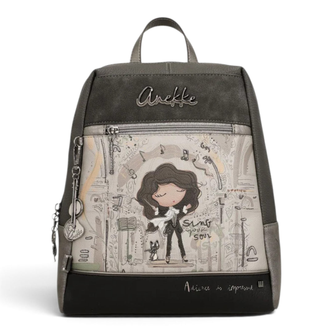ada-shoes.ro Anekke casual backpack in grey and taupe with artistic music-themed print and metallic logo details.