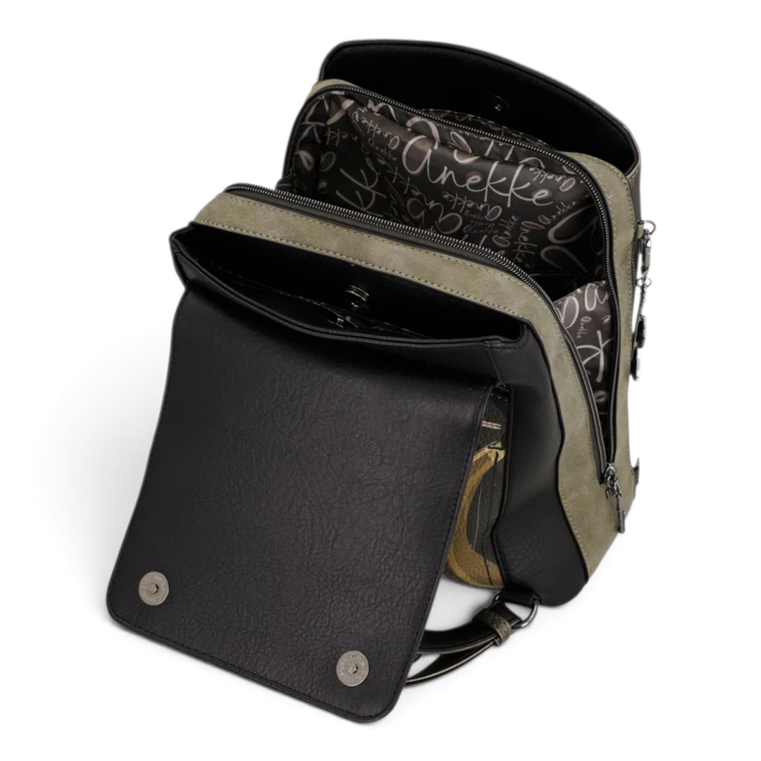 ada-shoes.ro Anekke Orchestra casual backpack with open compartments, olive green and black synthetic leather design.
