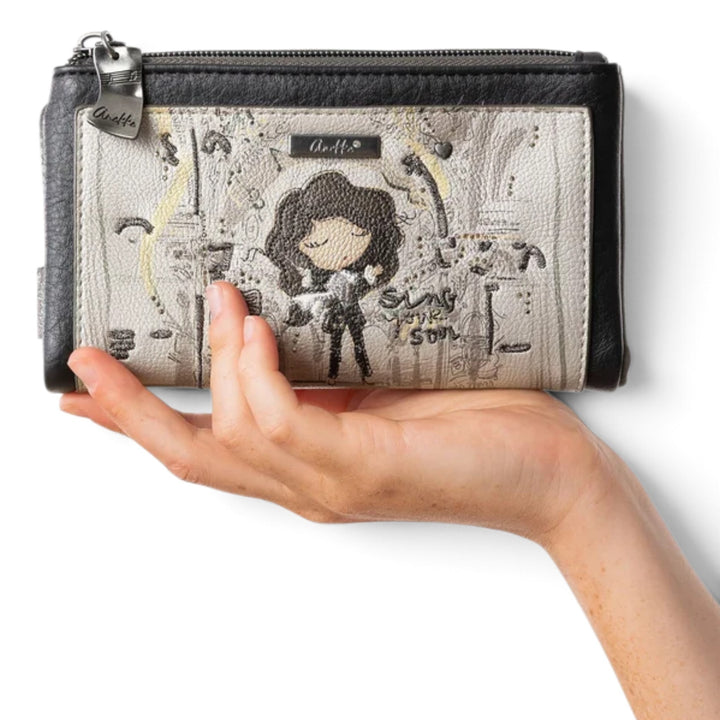 ada-shoes.ro Anekke casual wallet in black and beige faux leather with a whimsical illustrated character design