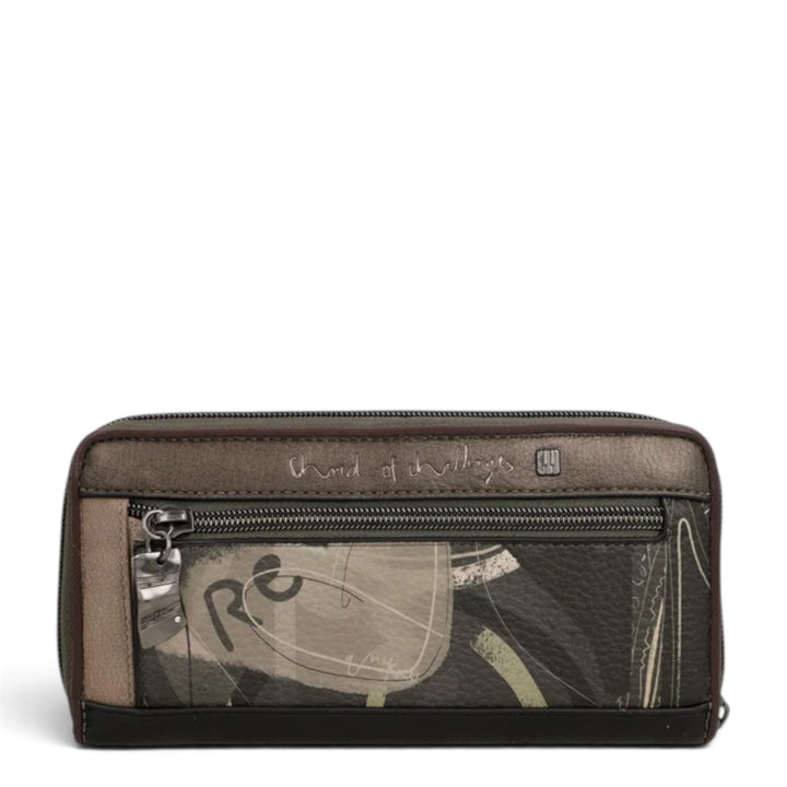 ada-shoes.ro Anekke casual wallet in brown and grey synthetic leather with artistic print and front zipper pocket