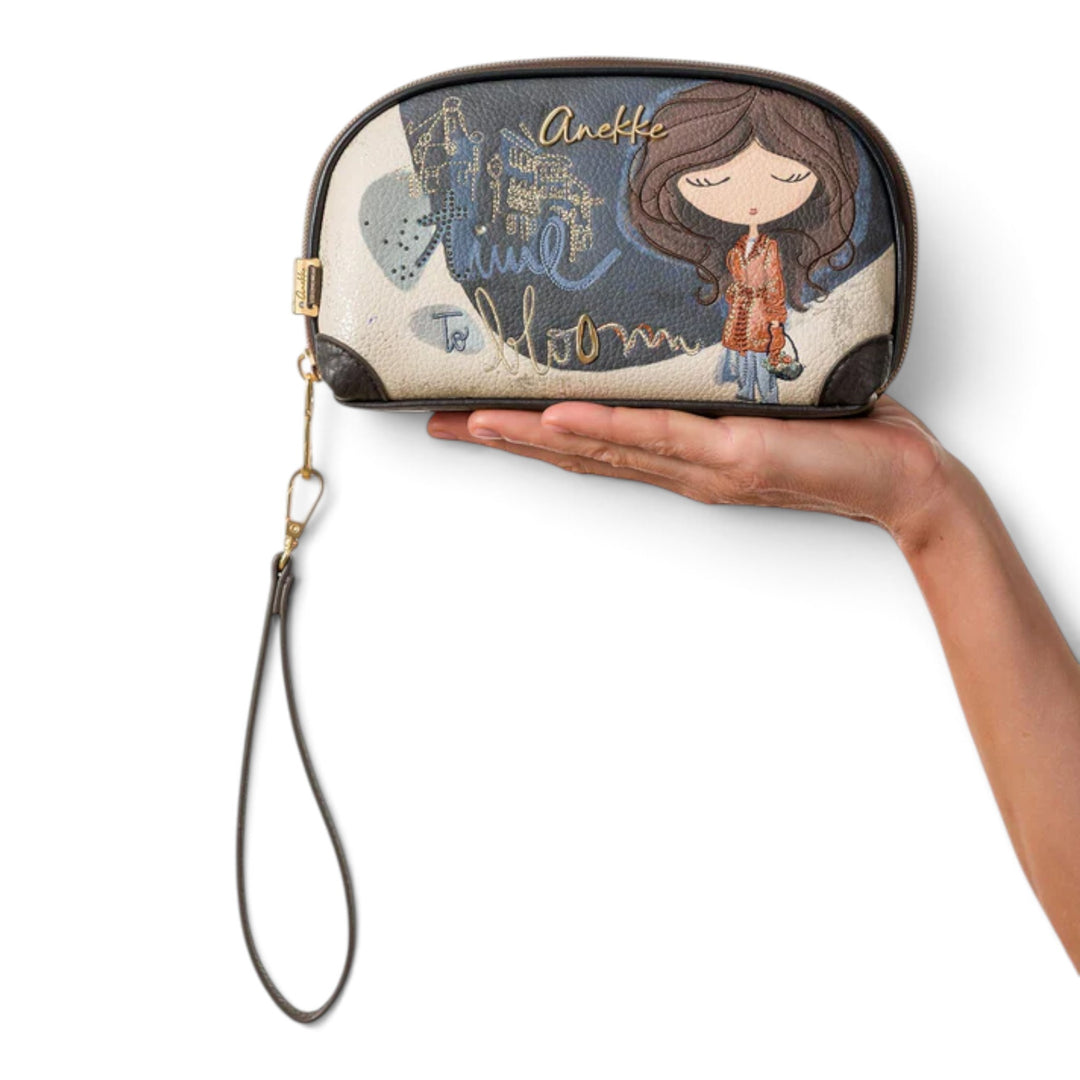 ada-shoes.ro Anekke casual wallet with whimsical girl illustration, blue and beige tones, and a wrist strap.