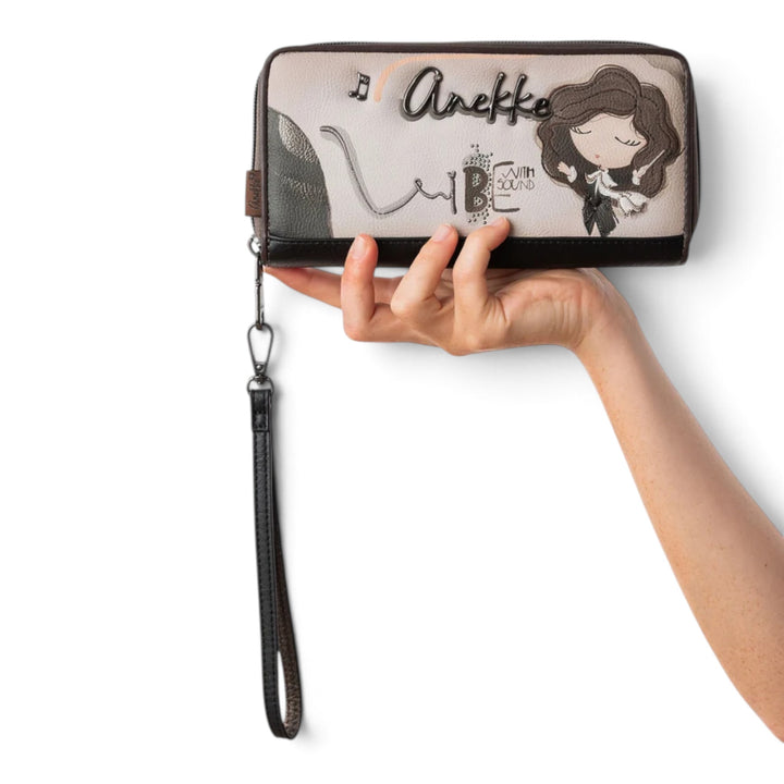 ada-shoes.ro Anekke casual wallet with feminine illustration, wrist strap, and zip closure in beige and dark brown