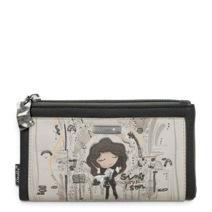 ada-shoes.ro Anekke casual wallet in beige and black PU leather with a feminine illustration and zip closure