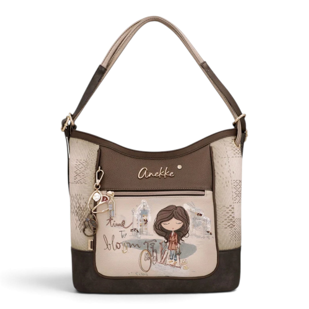 ada-shoes.ro Anekke Tulip convertible shoulder bag and backpack in beige and brown with floral and character print